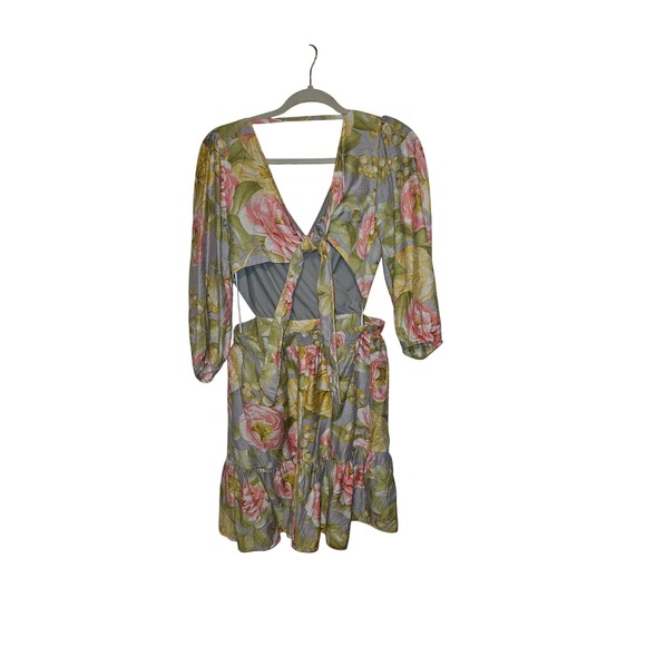 Express Floral Cut-Out Mini Dress Pink Yellow Rose V-Neck Tie Back Size M - Picture 2 of 4